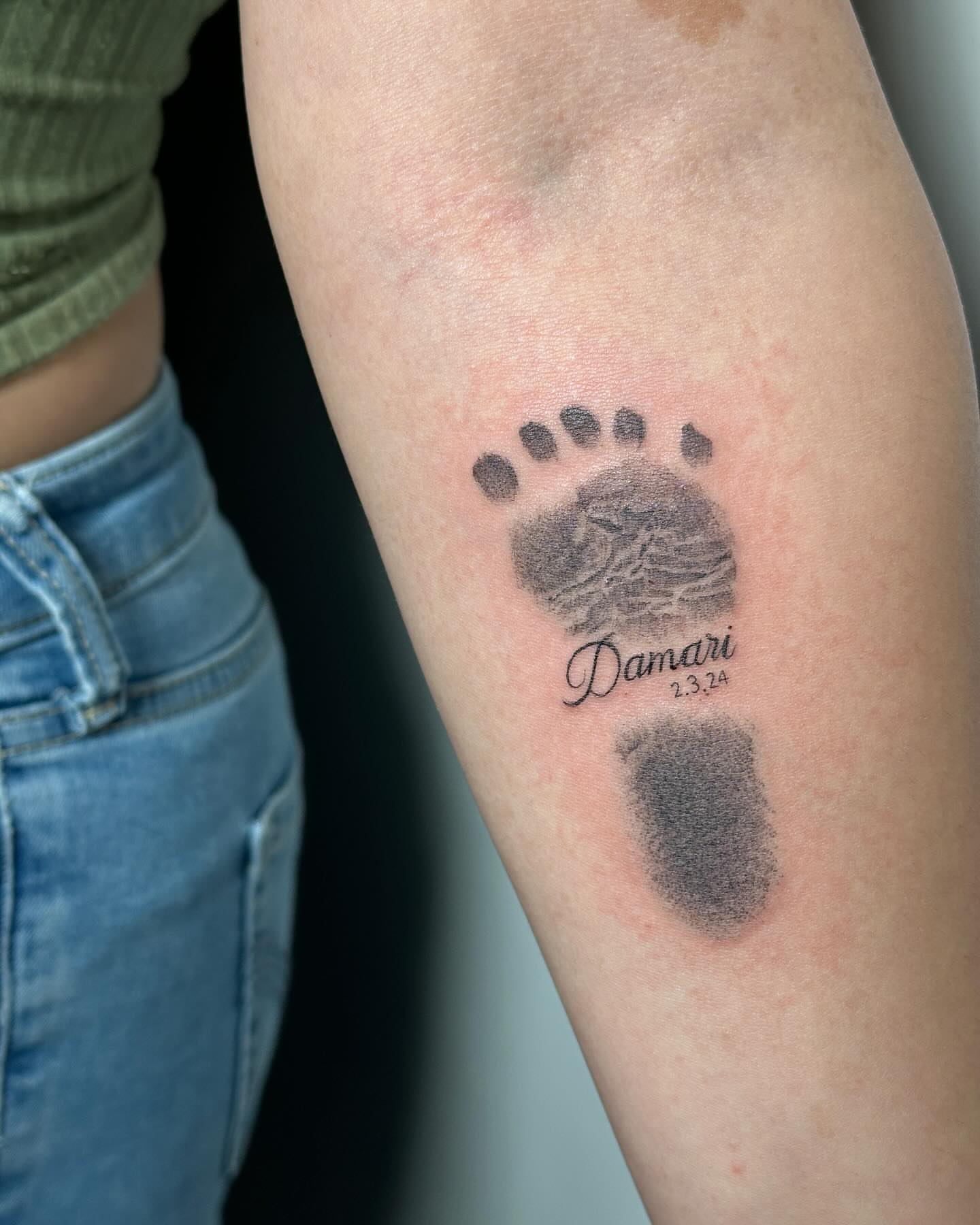 Footprint dotwork tattoo on the forearm by San Diego Tattoo Artist