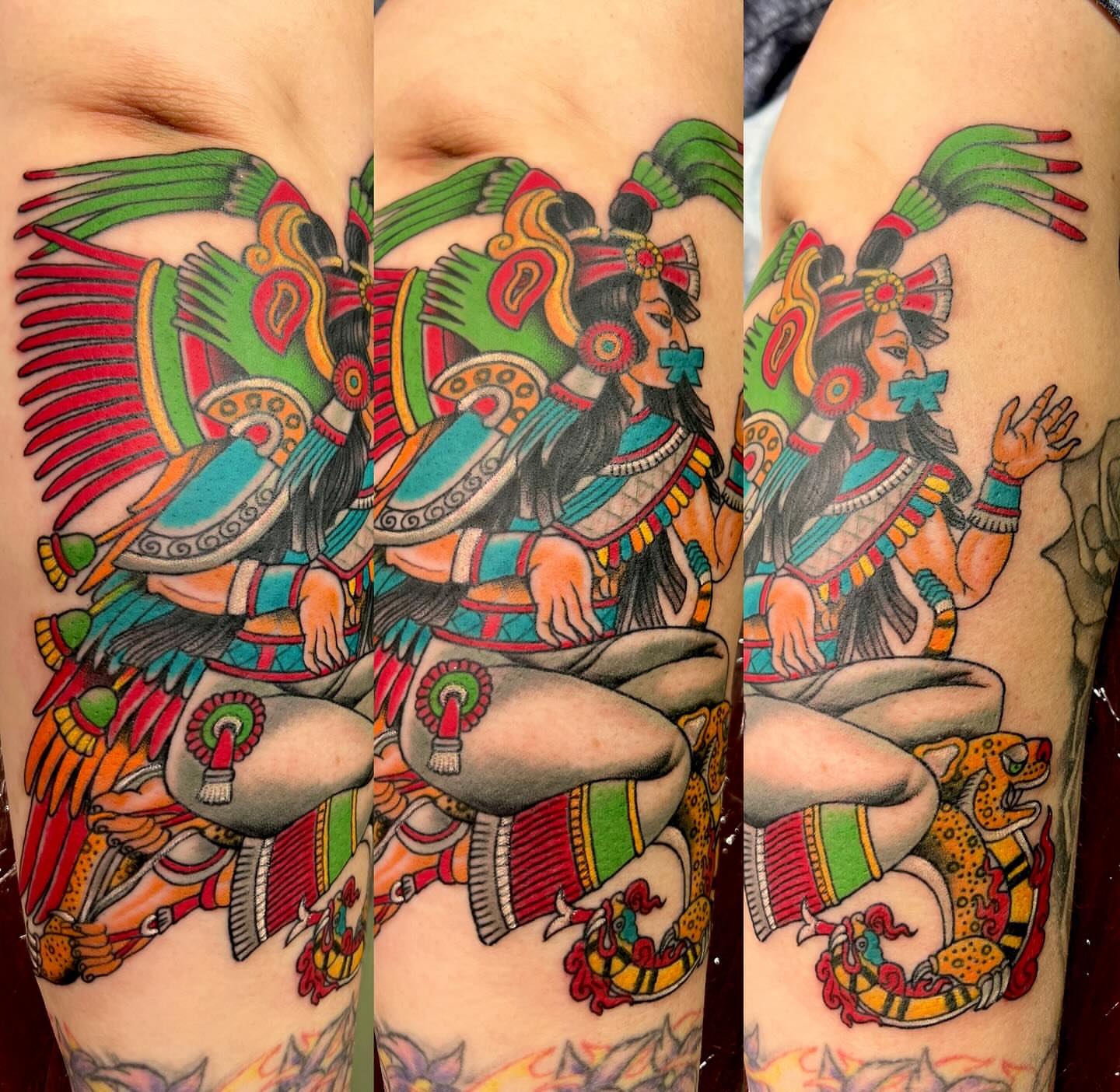 Mexican deity American traditional tattoo on the forearm by Dustin Hysell