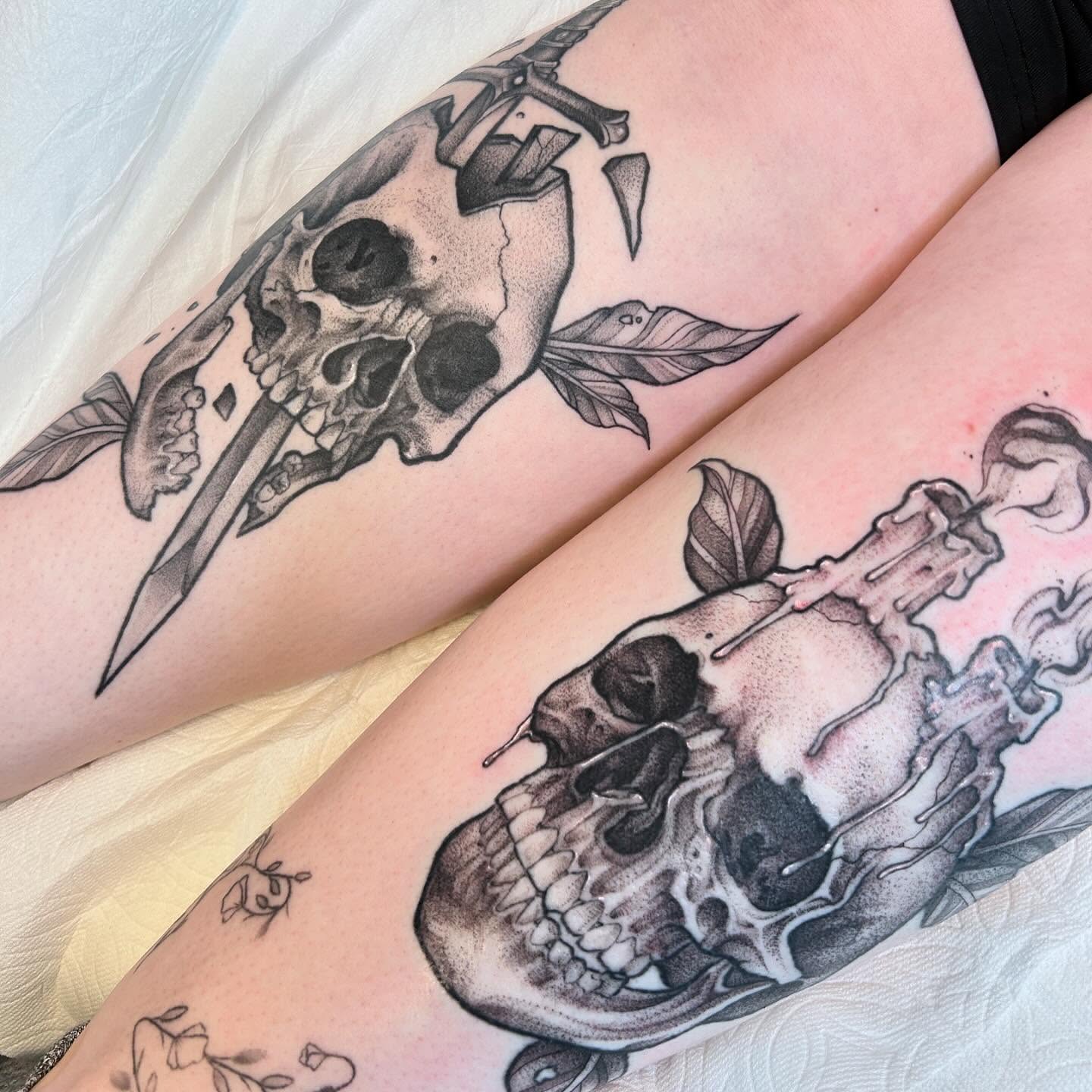 Skulls and feathers dotwork tattoo on the forearm by ♡︎ Kaylie ♡︎, Tacoma, Washington
