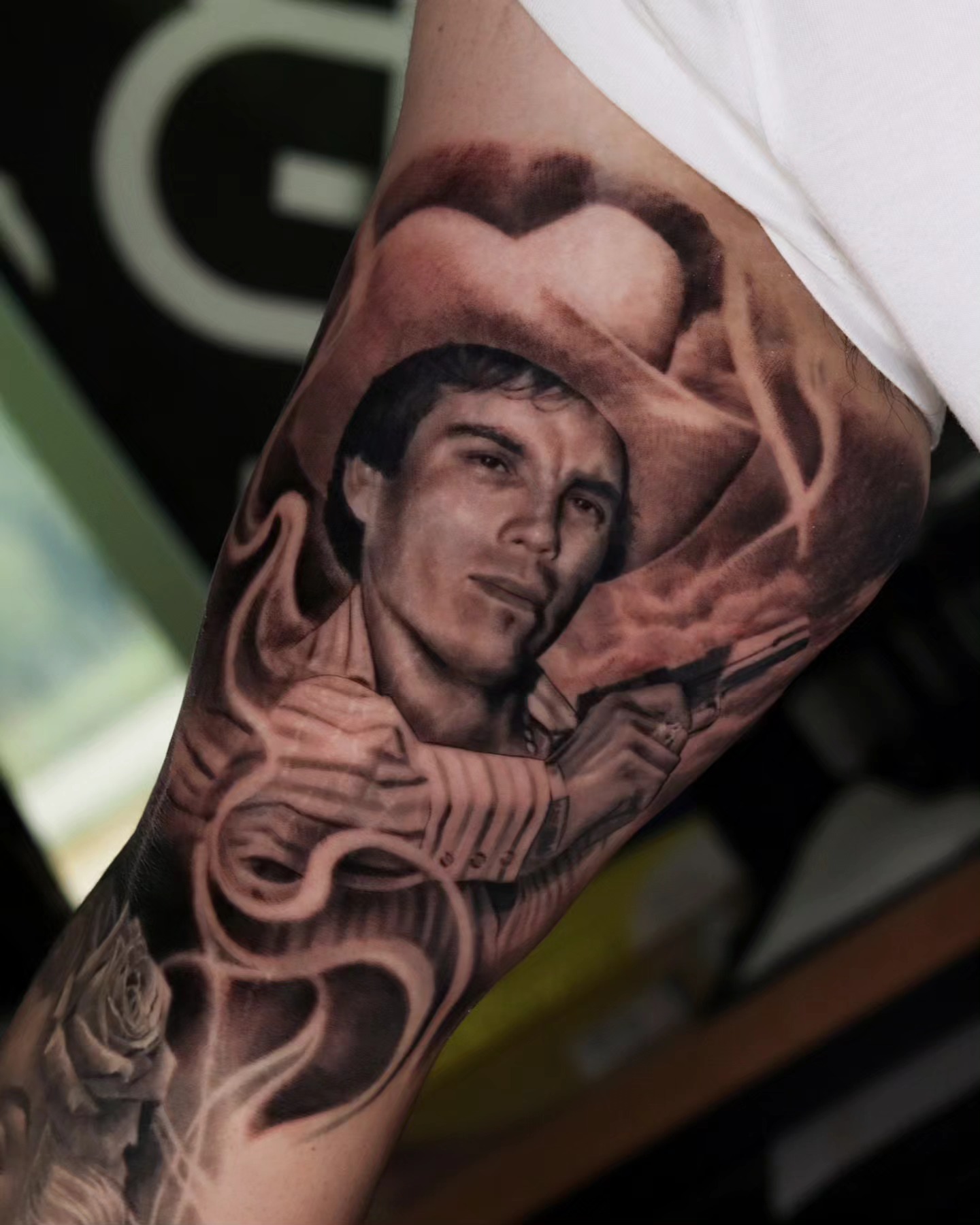 Portrait of a man realism tattoo on the forearm by Brandon Rabago, Fort Worth, Texas