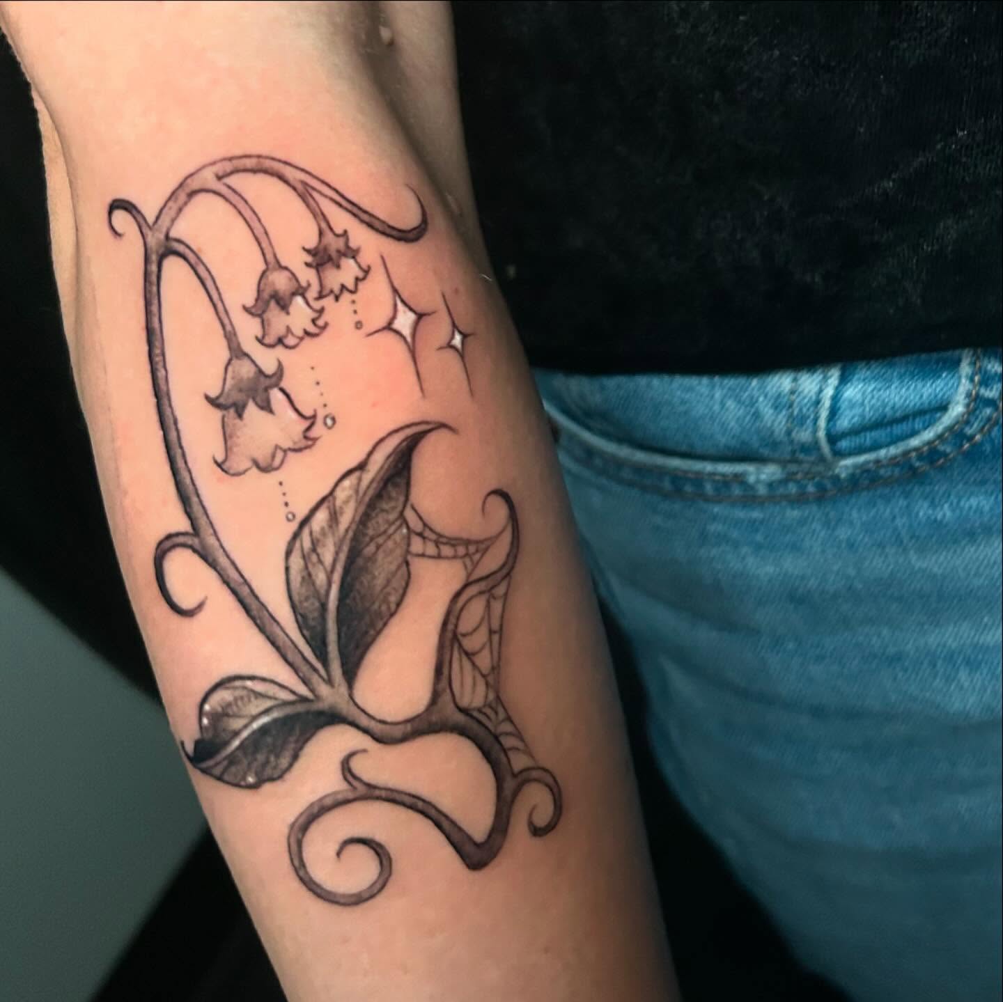 Lily of the valley black and grey tattoo on the forearm by ♡︎ Kaylie ♡︎, Tacoma, Washington