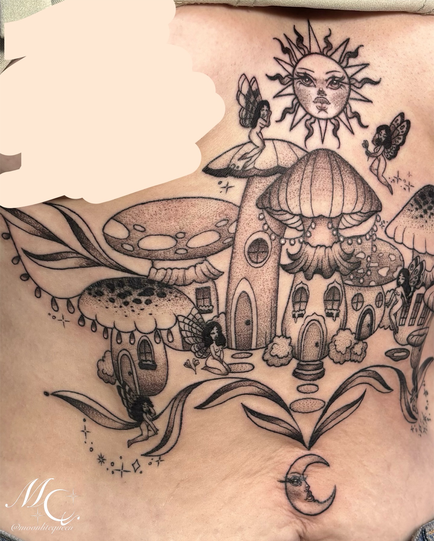 Tattoo by @moonlitequeentattooist — dotwork, black_and_grey