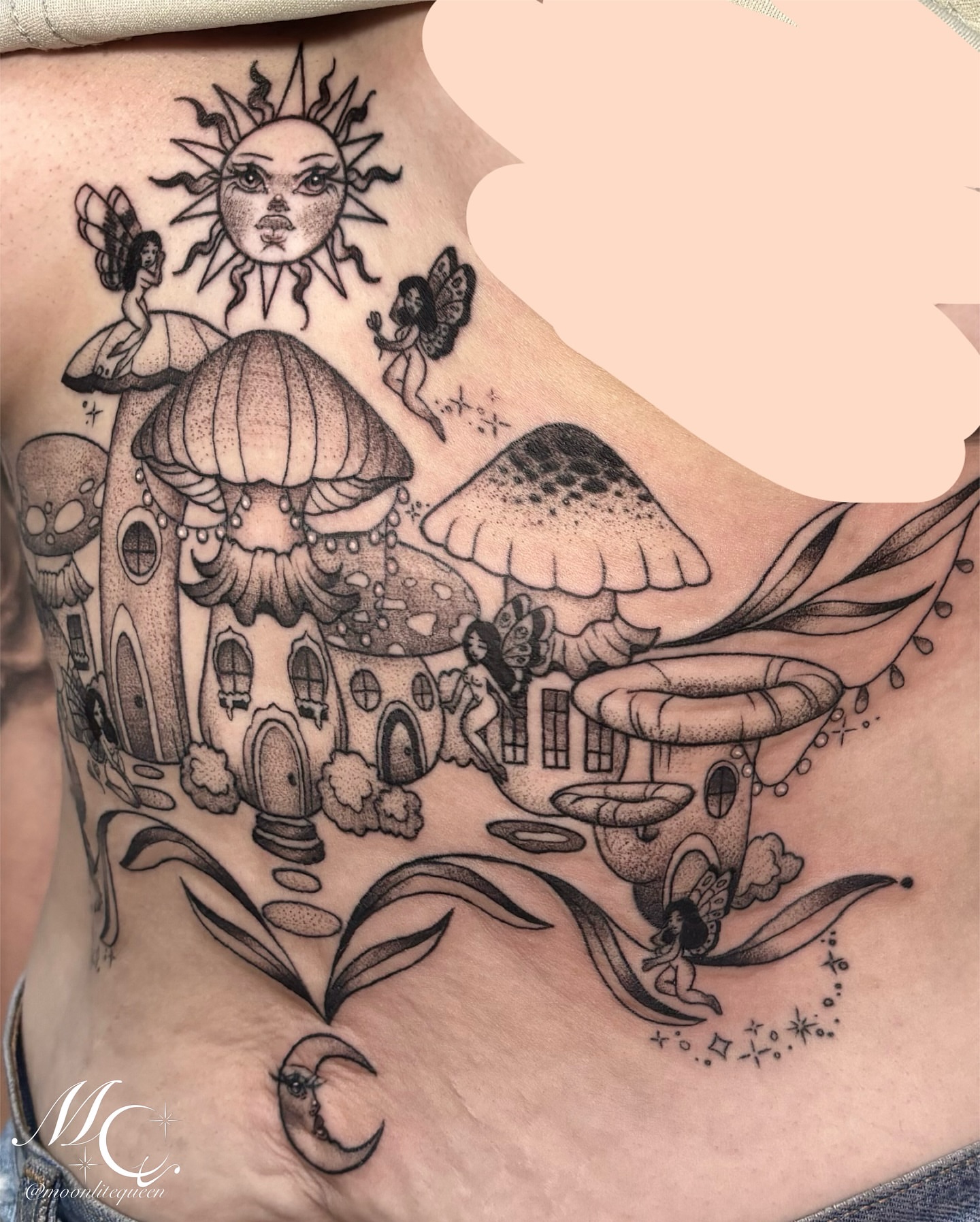 Tattoo by @moonlitequeentattooist — dotwork, surrealism