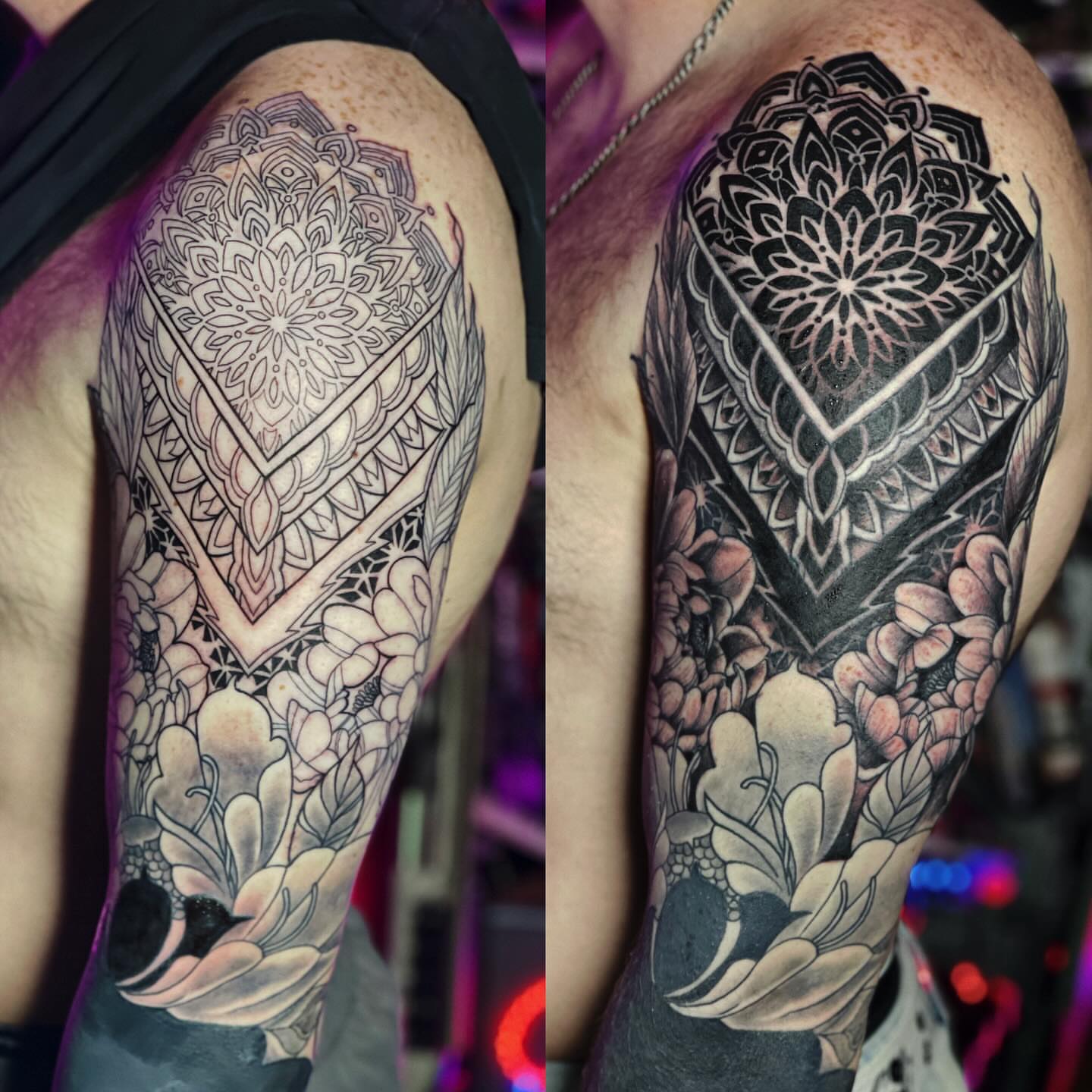 Mandala and floral geometric tattoo on the upper arm by Jamie Jane Voryer
