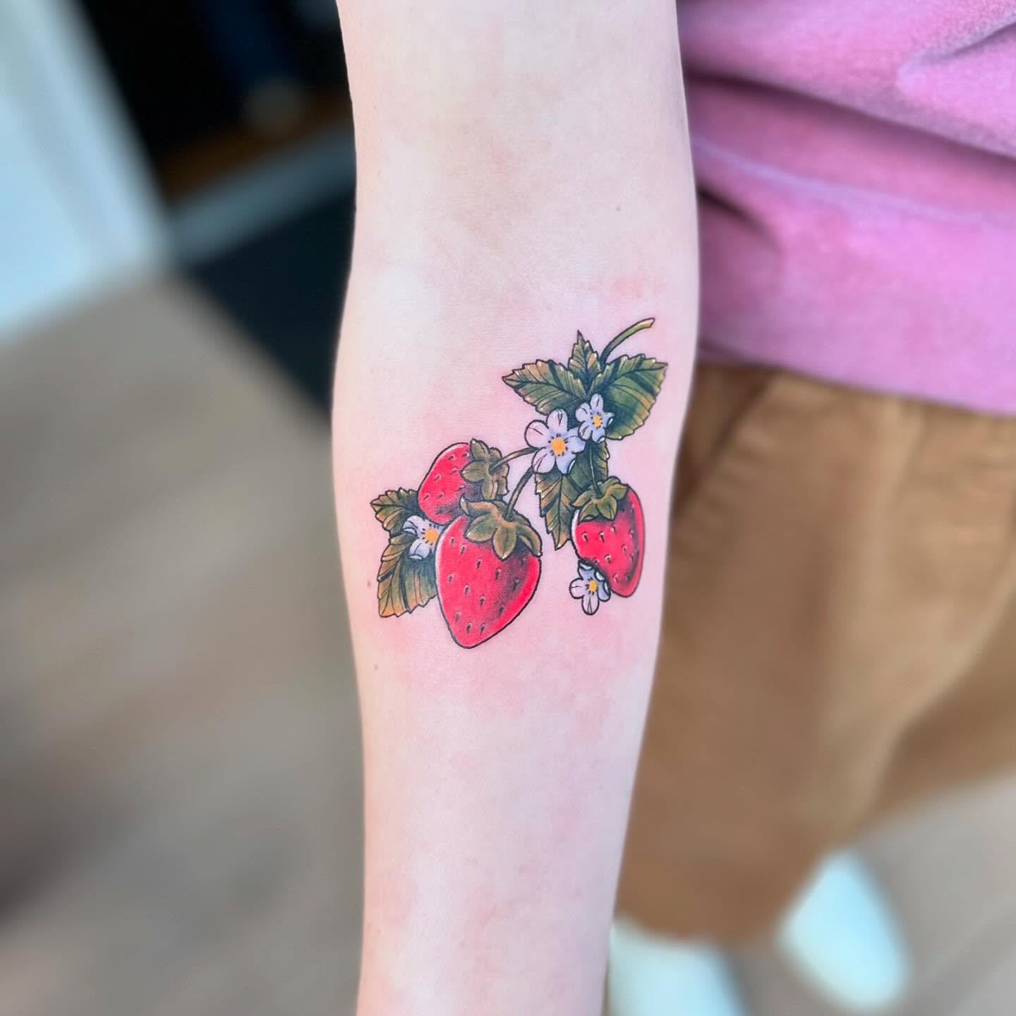 Strawberries realism tattoo on the forearm by manda, Lebanon, Ohio