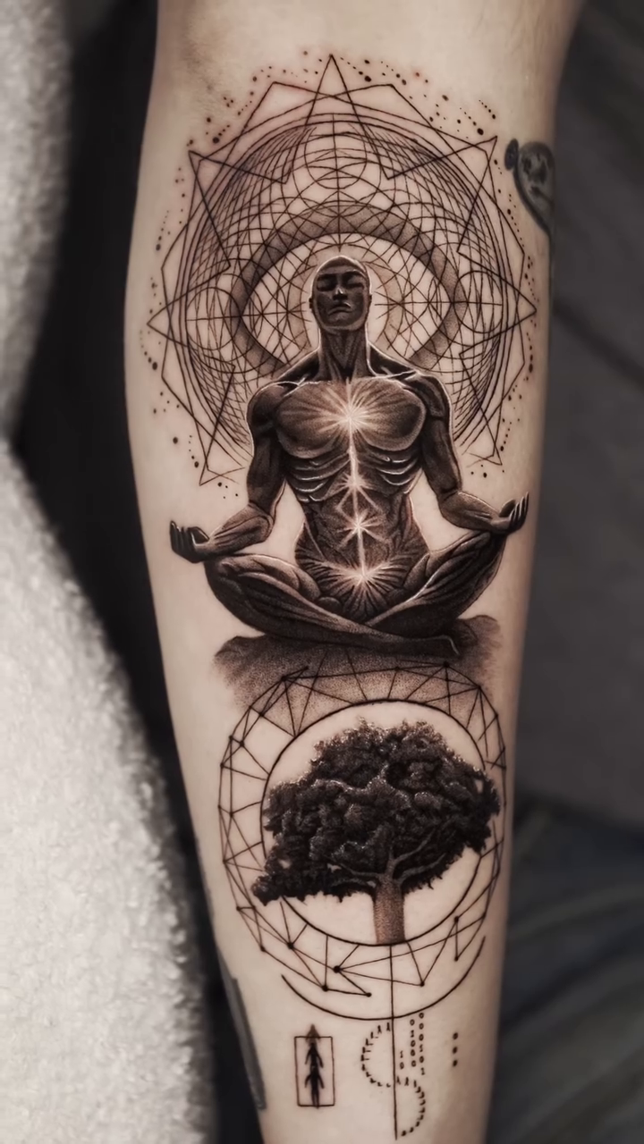 Meditating figure and tree of life geometric tattoo by Dopamine