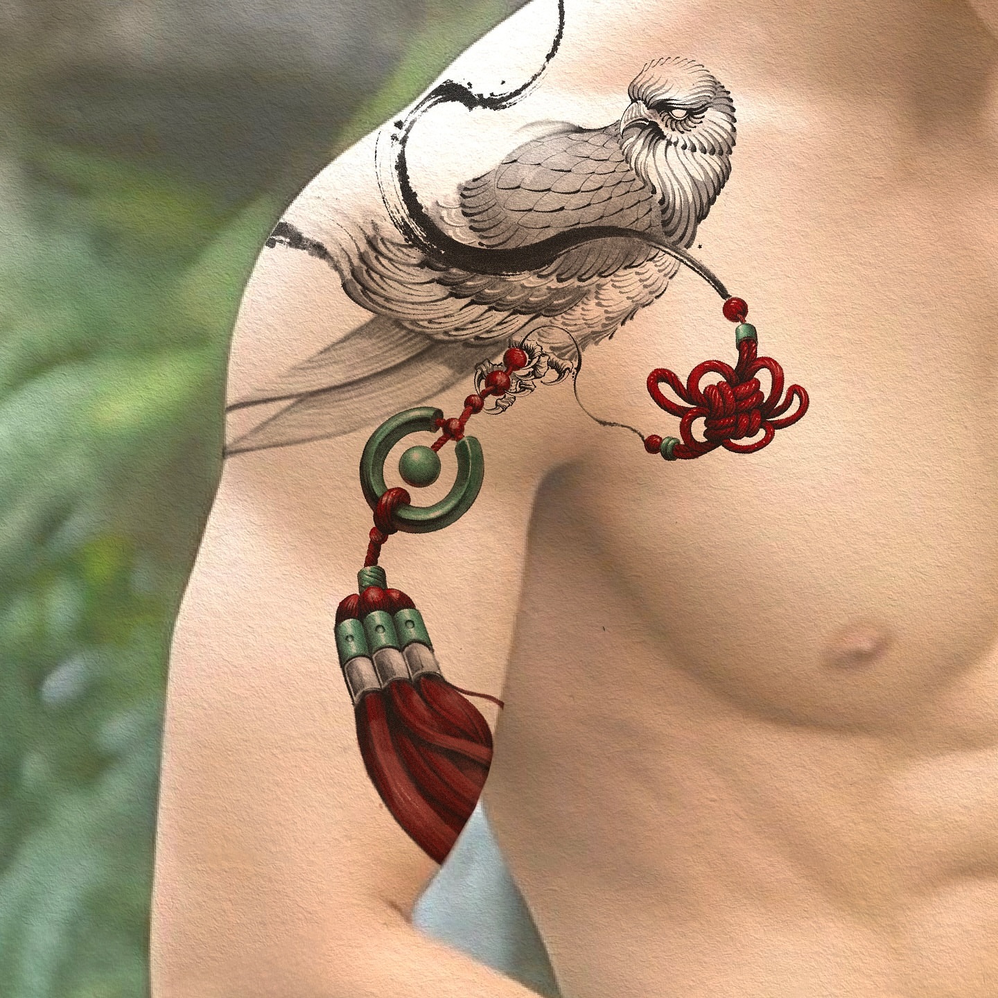 Bird with tassel illustrative tattoo on the shoulder by ๐
๐๐๐