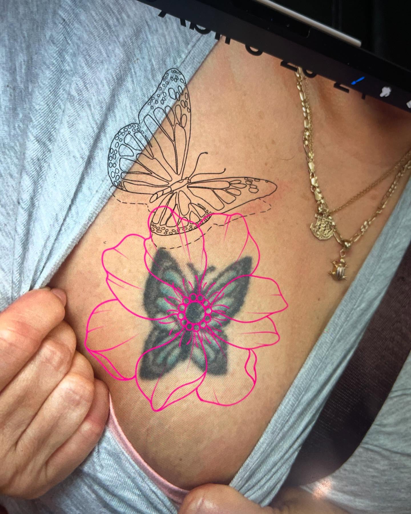 Butterfly and flower dotwork tattoo on the thigh by Yayo, New Britain, Connecticut
