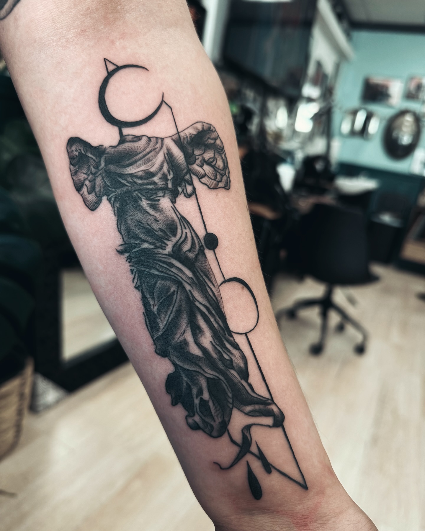 Statue with crescent moon realism tattoo on the forearm by 🌙Jose Maldonado🌙