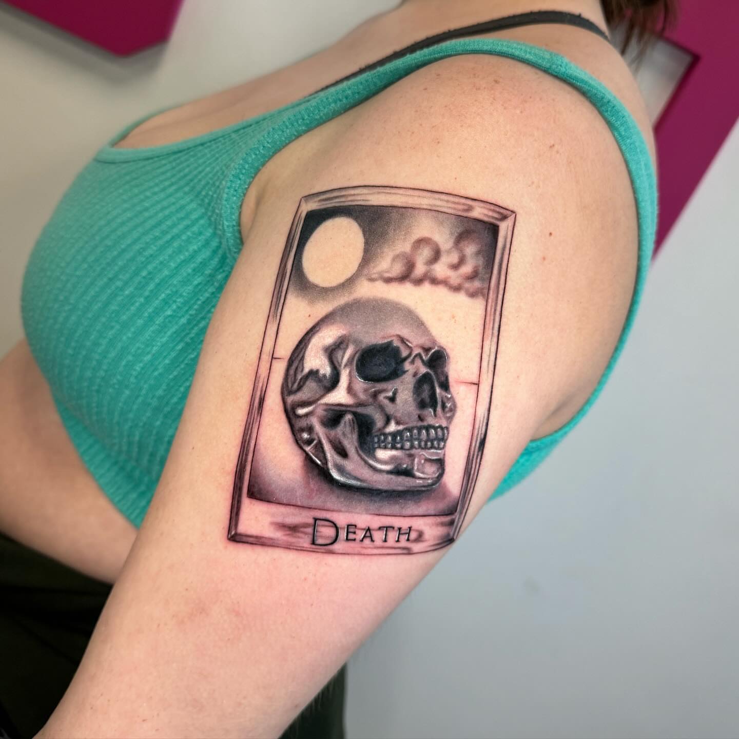 Death card realism tattoo on the shoulder by Mel