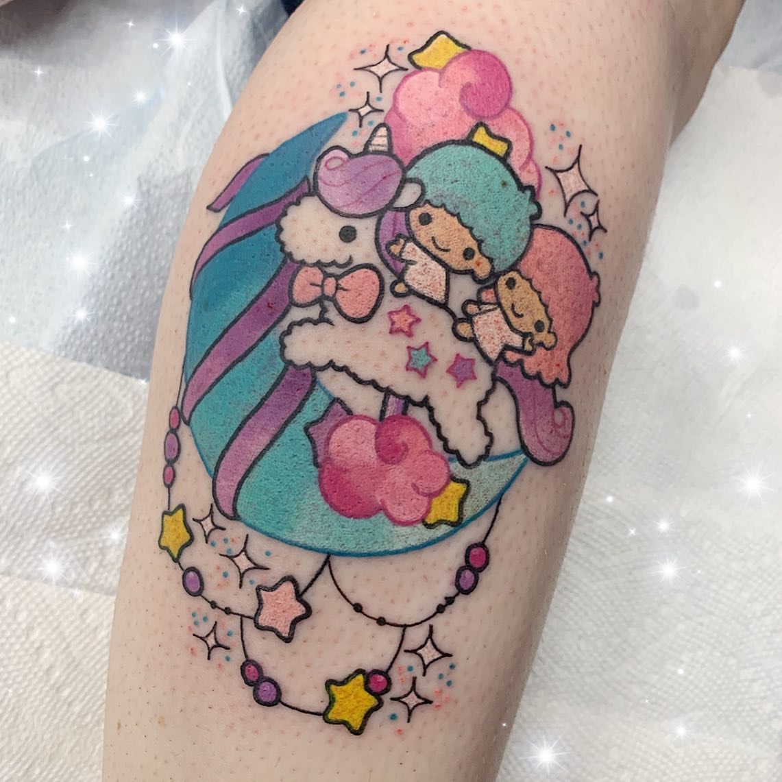 Kawaii characters illustrative tattoo on the thigh by ♡ Demi ♡