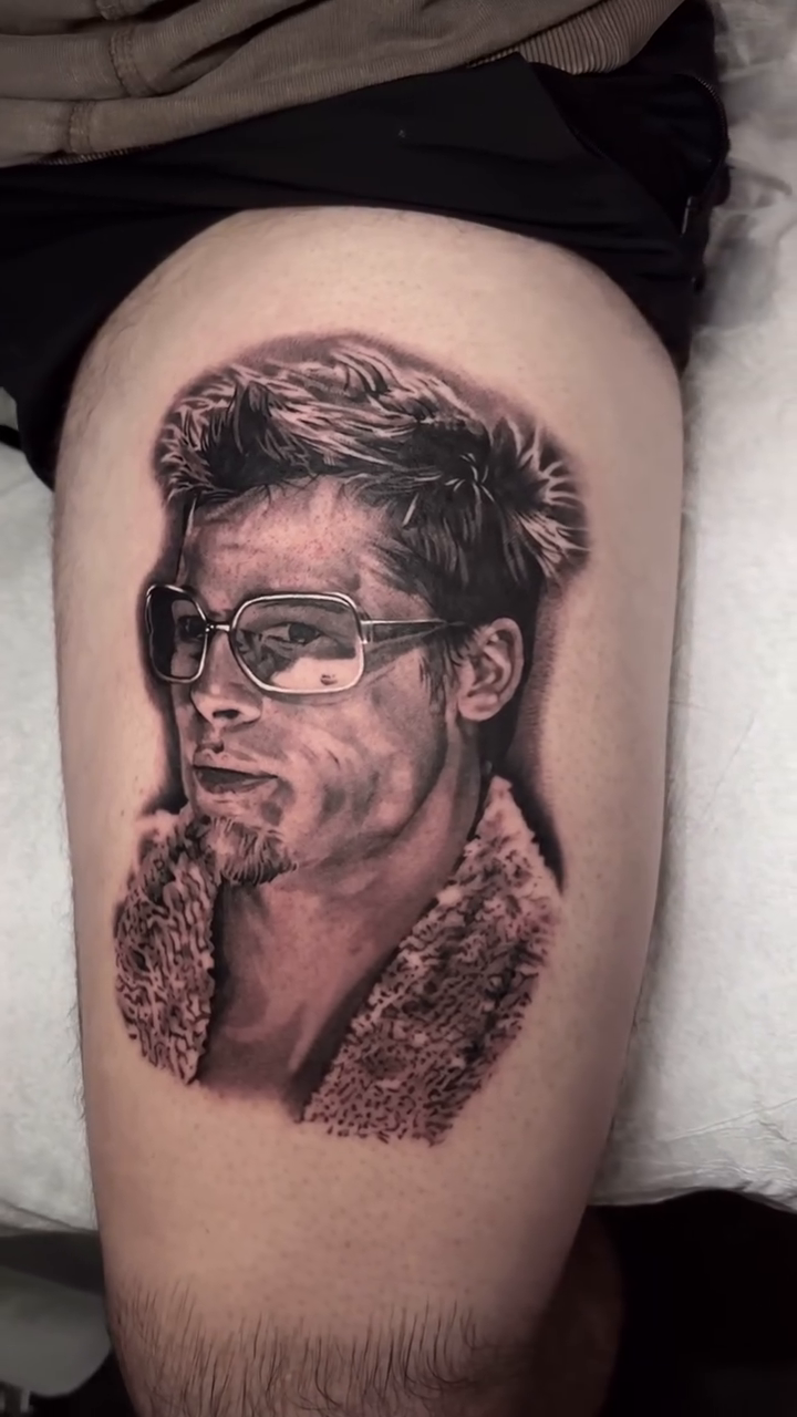 Brad Pitt portrait realism tattoo by Bradley Dozier