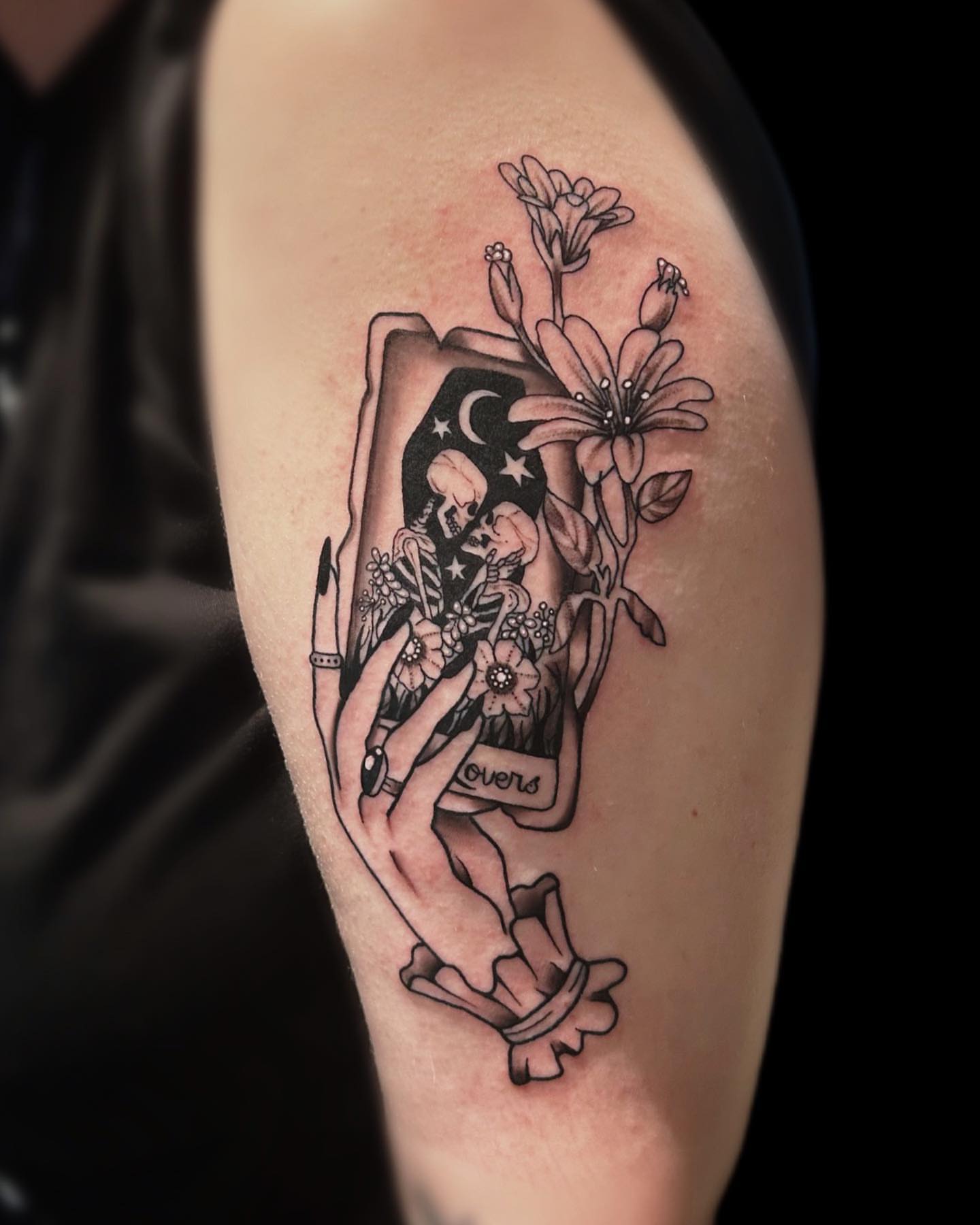 Tarot card and flowers black and grey tattoo on the forearm by โงโ โฑ โพ ๐ณ๐๐๐๐๐ โฆ โฑ โโง