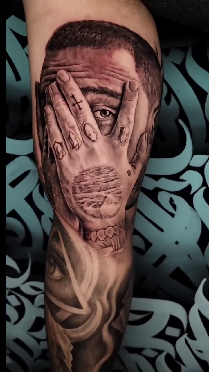 Person's face and hands realism tattoo by Brandon Rabago, Fort Worth, Texas