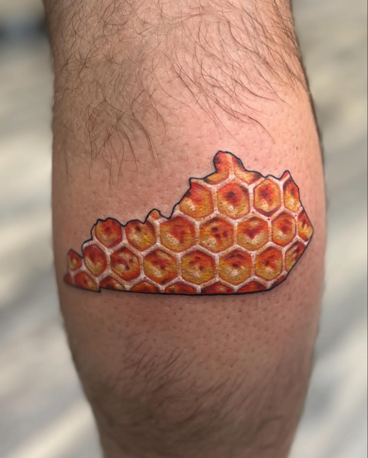Honeycomb realism tattoo on the leg by Dustin Quillen Tattoo Artist, Campbellsville, Kentucky
