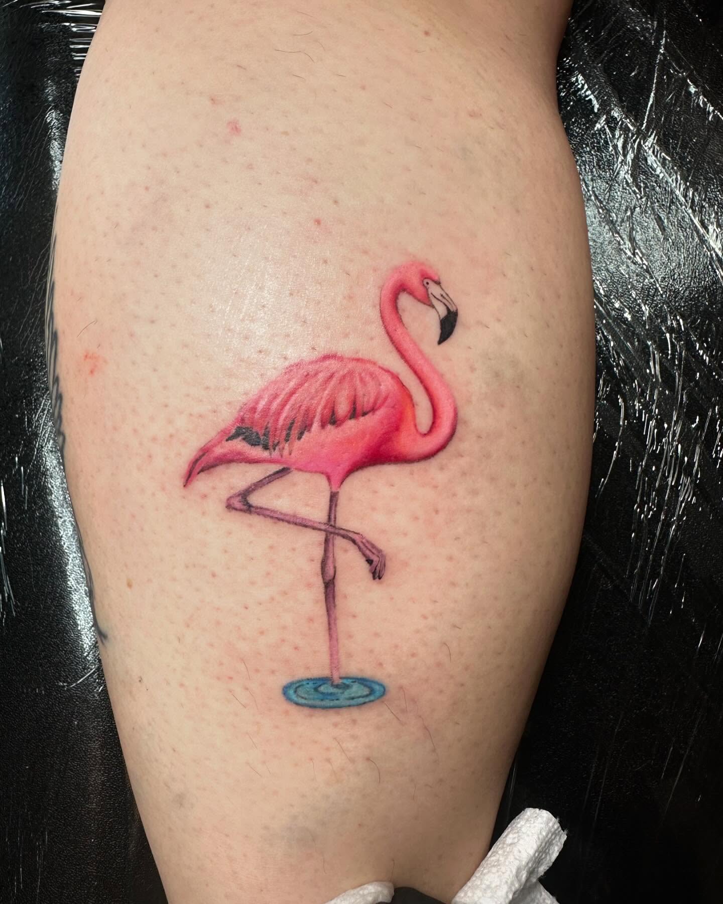 Flamingo realism tattoo on the leg by Marie Novotny, Lakewood, Ohio