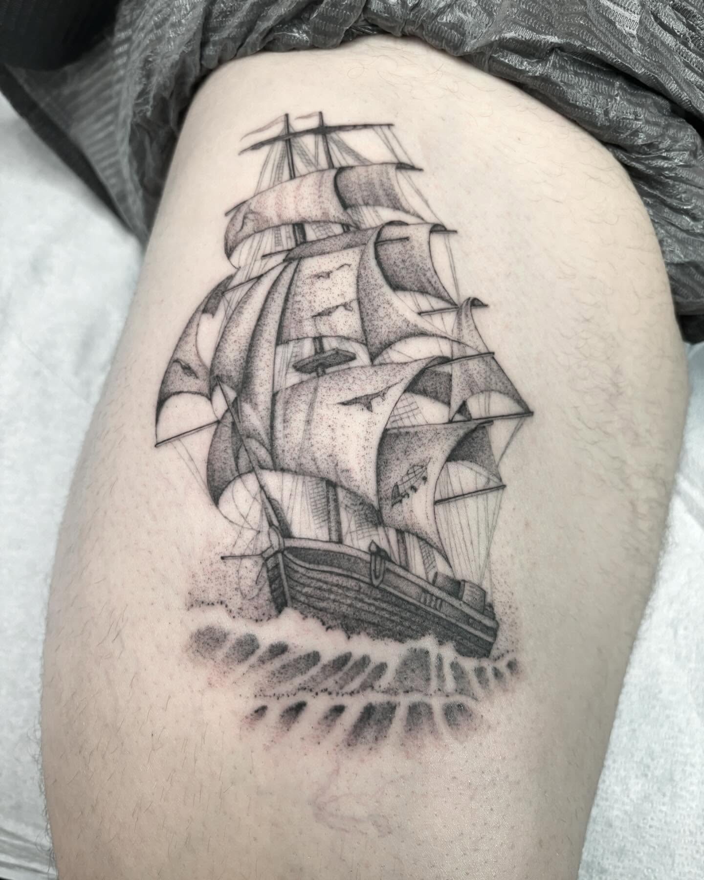 Sailboat dotwork tattoo on the thigh by Jake Hodson, Nashville, Tennessee
