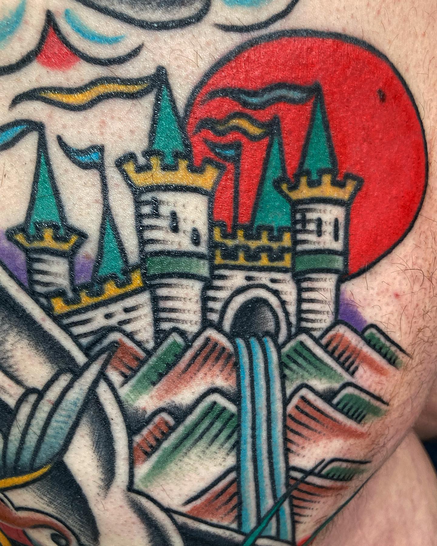Castle American traditional tattoo on the forearm by Rob Banks