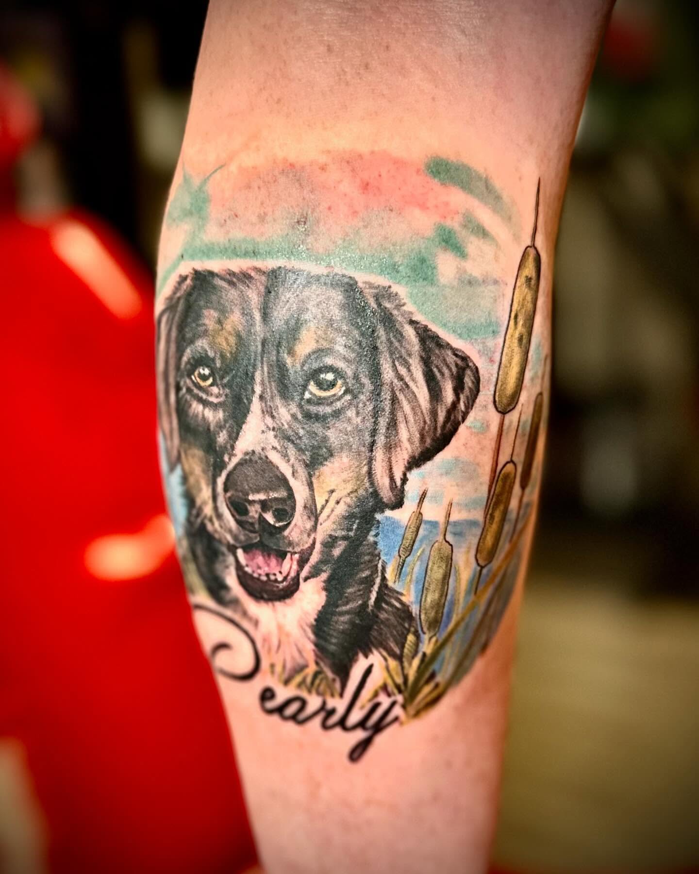 Dog realism tattoo on the forearm by Tattoo Artist Ian Day (Everlasting_Art_Ink)