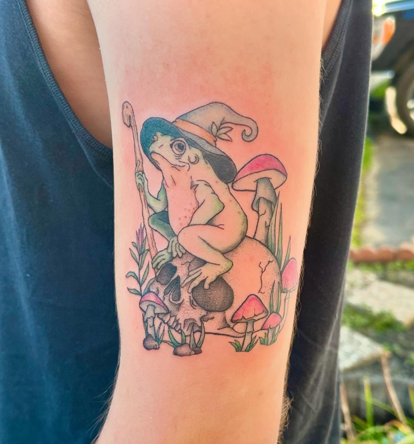 Frog witch new school tattoo on the forearm by Emmy