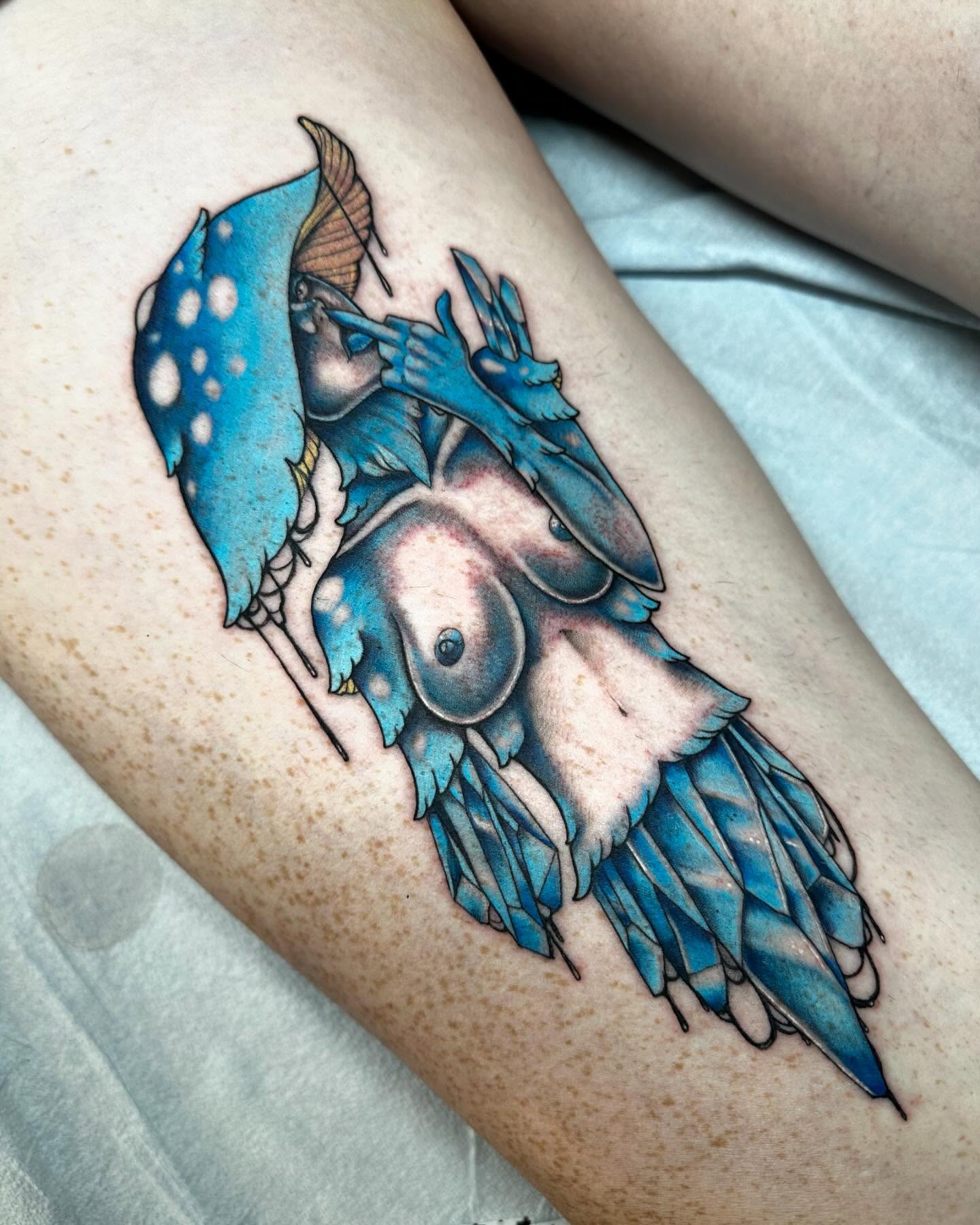 Winged creature dotwork tattoo on the forearm by Michele Estes