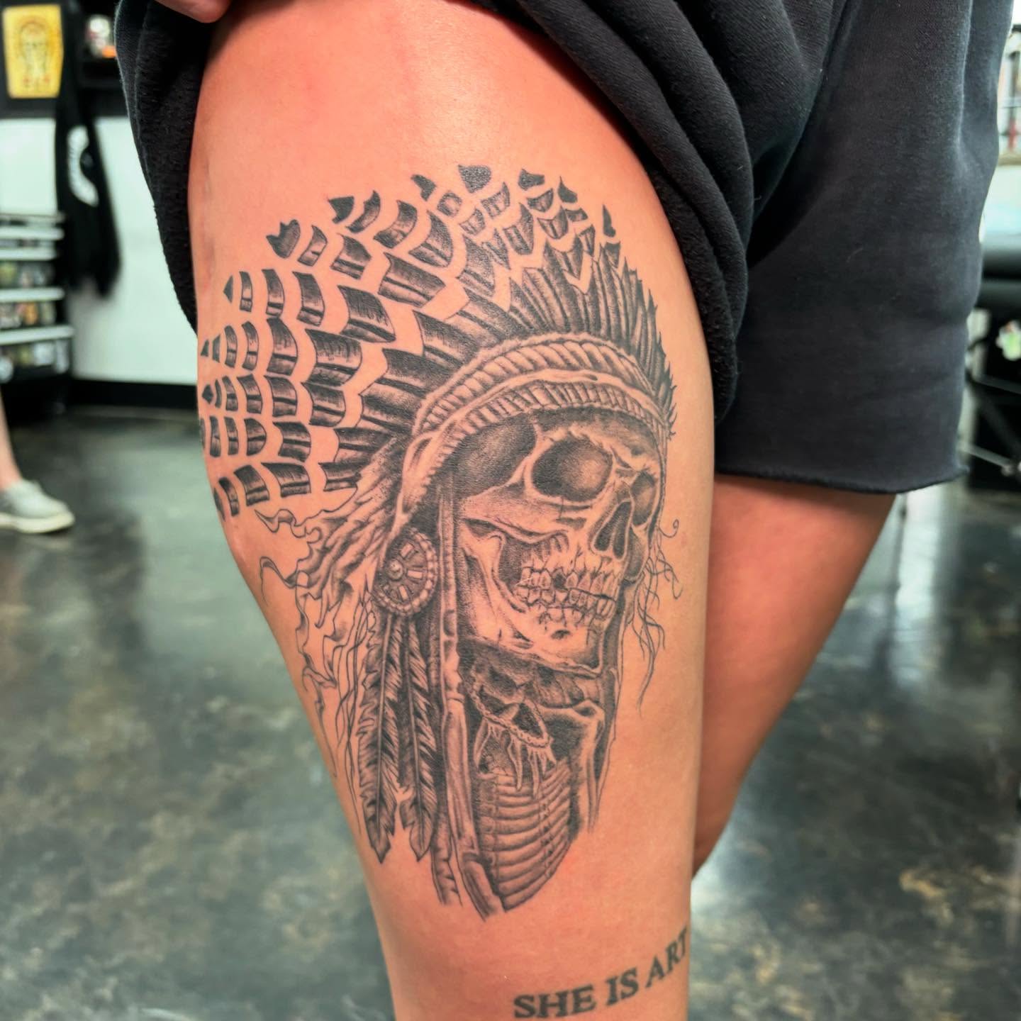 Skull headdress realism tattoo on the thigh by @seibastattoos, Virginia Beach, Virginia