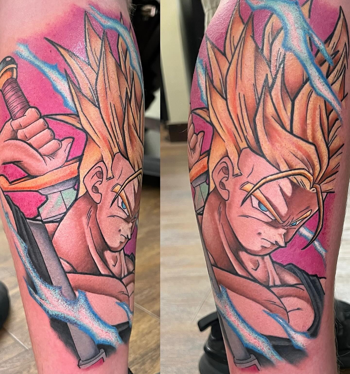 Super saiyan anime tattoo on the forearm by Bryon McVaney