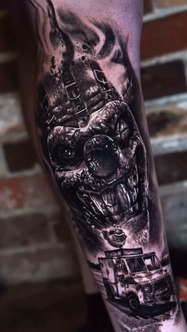Creepy clown skull and truck dark realism tattoo by Ryan Gage Gonzalez