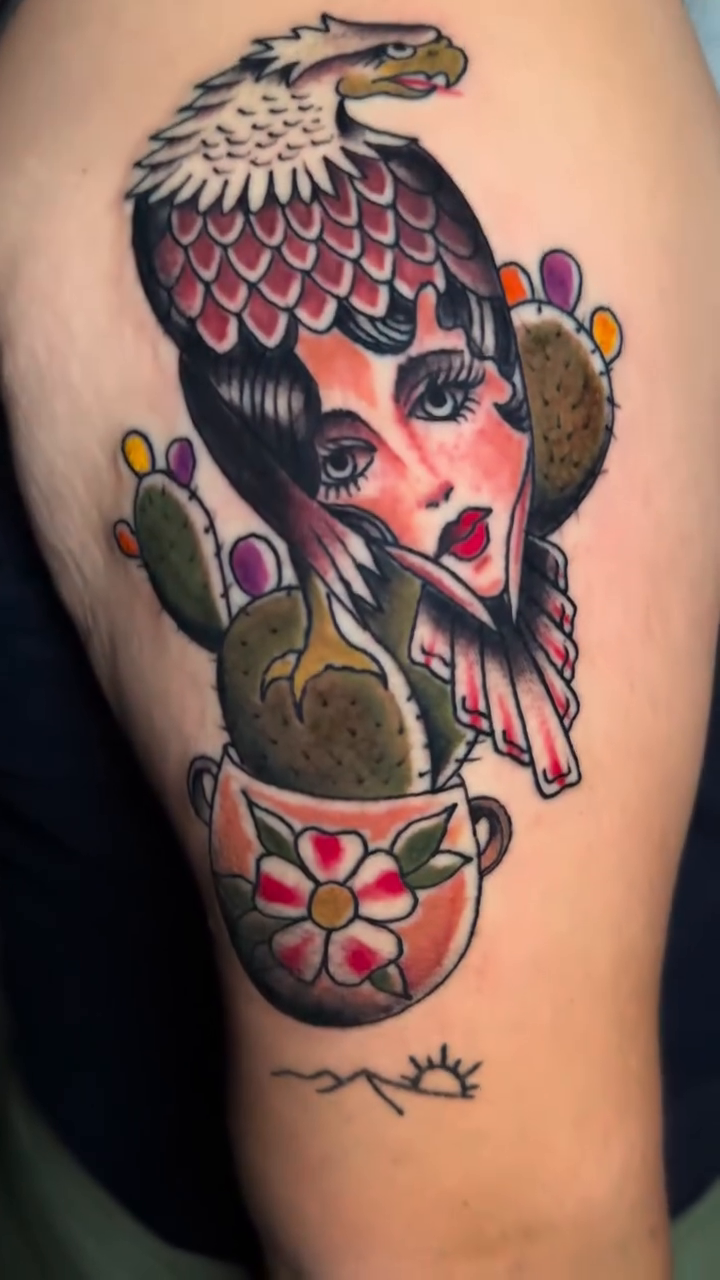 Eagle and woman with cactus neo-traditional tattoo by Artist Clayco rikky