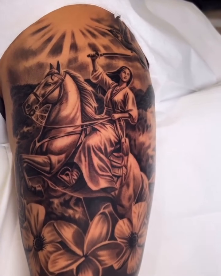 Horse and rider with flowers realism tattoo by BJ