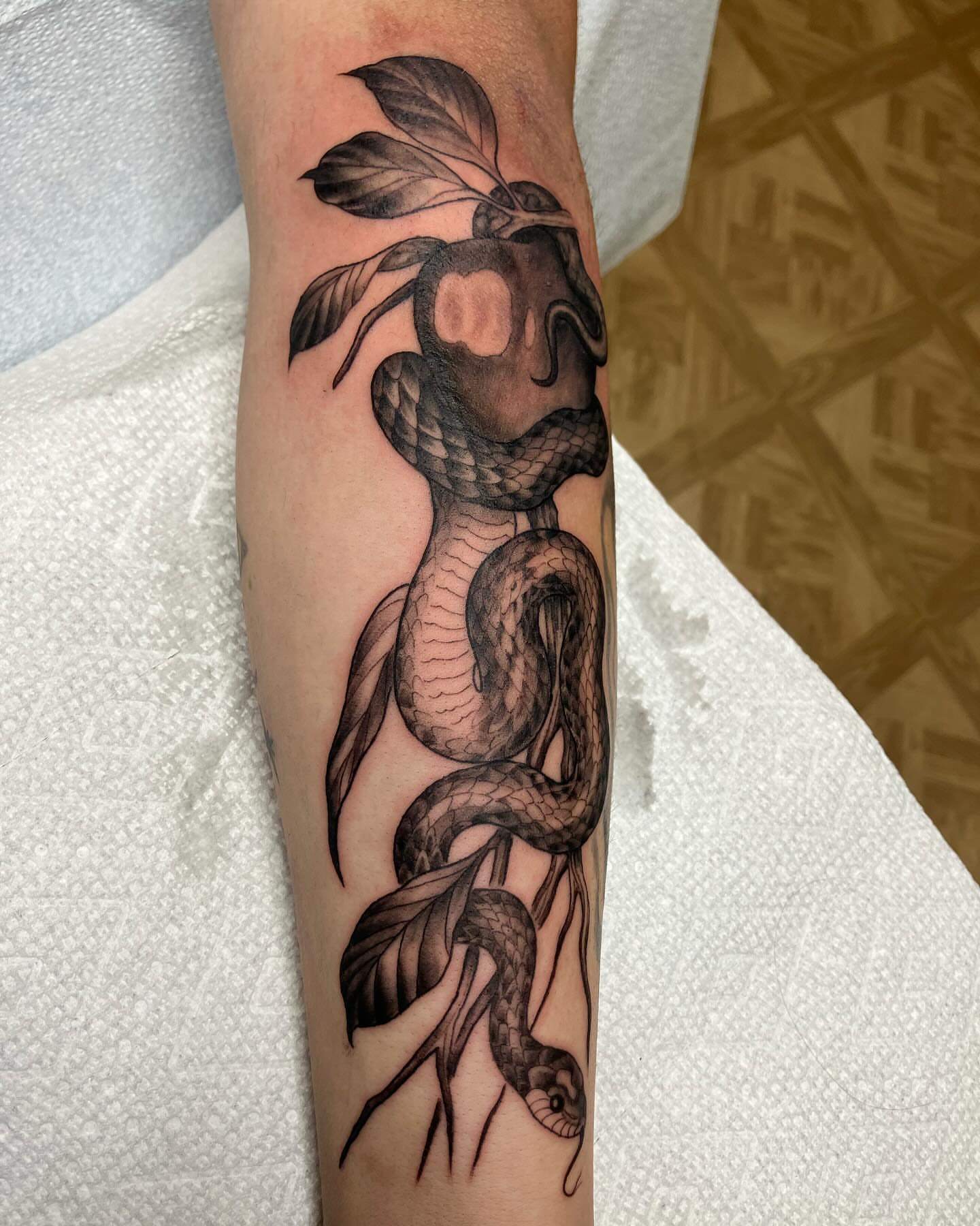 Snake and apple realism tattoo on the forearm by Hunter McGinnis