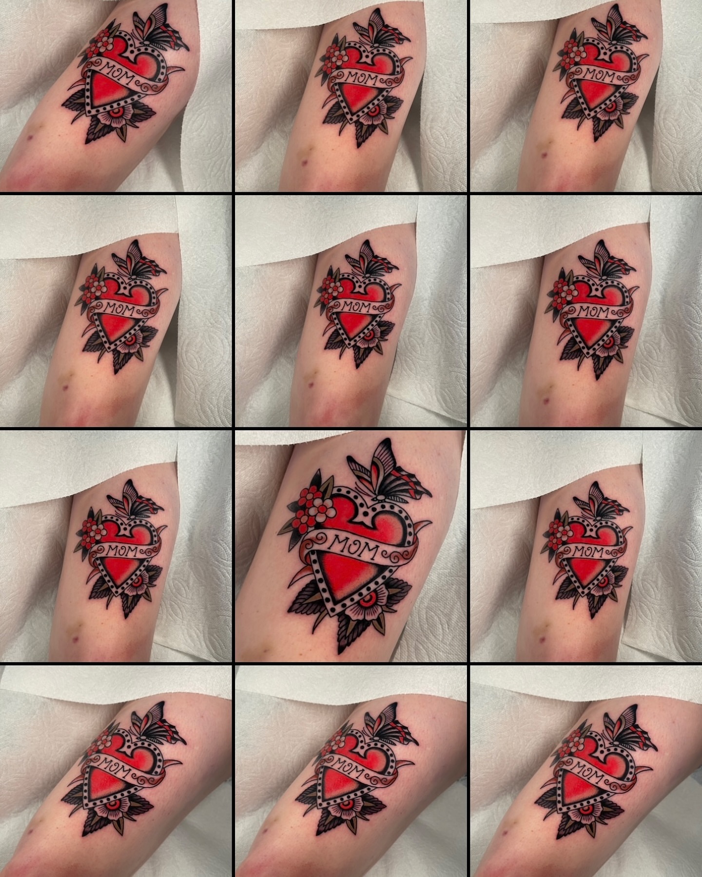 Heart with 'MOM' American traditional tattoo on the forearm by Chase Tucker