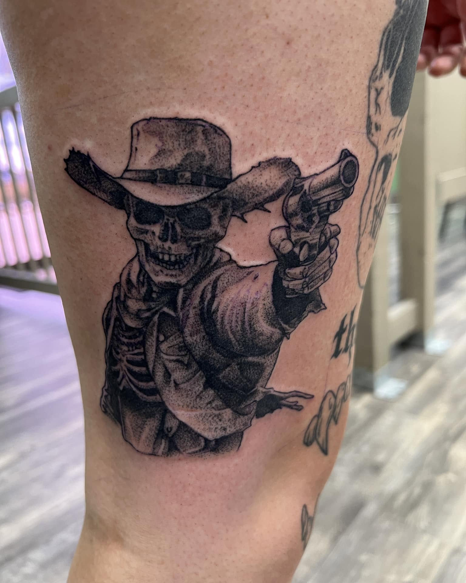 Cowboy skeleton dotwork tattoo on the forearm by Dustin Quillen Tattoo Artist, Campbellsville, Kentucky