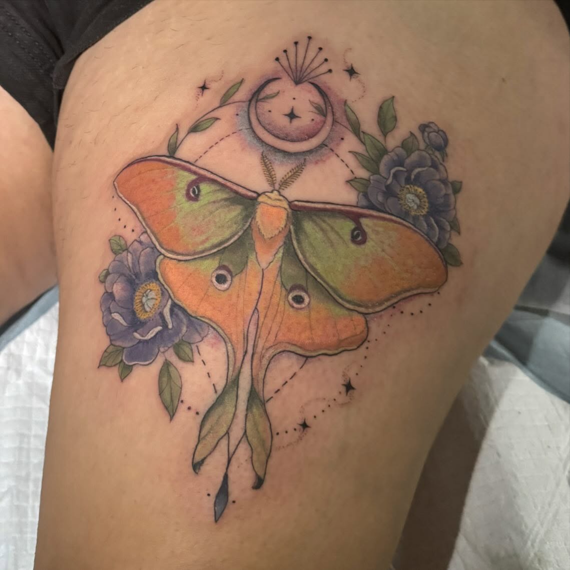 Moon moth and flowers dotwork tattoo on the thigh by đź’›Kristinađź’› tattoos with intention, Minneapolis, Minnesota