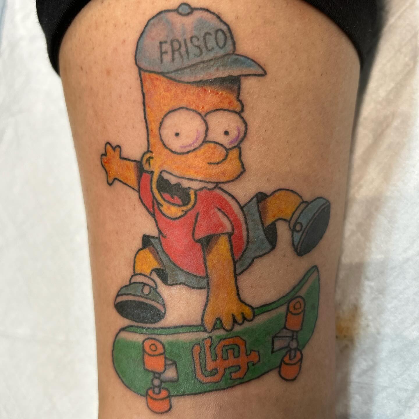 Bart Simpson on a skateboard new school tattoo on the forearm by 🇬🇹
