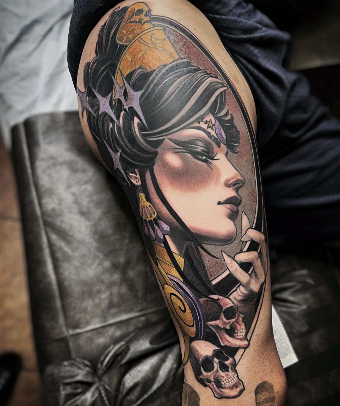 Woman with skull crown American traditional tattoo on the forearm by Jeff Norton, Atascadero, California