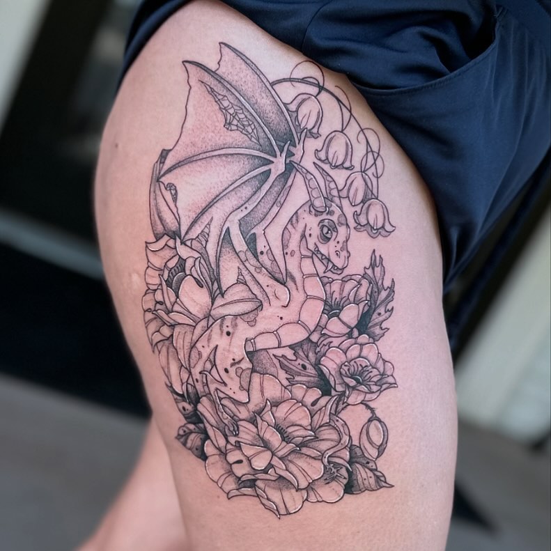 Dragon and flowers dotwork tattoo on the thigh by manda, Lebanon, Ohio
