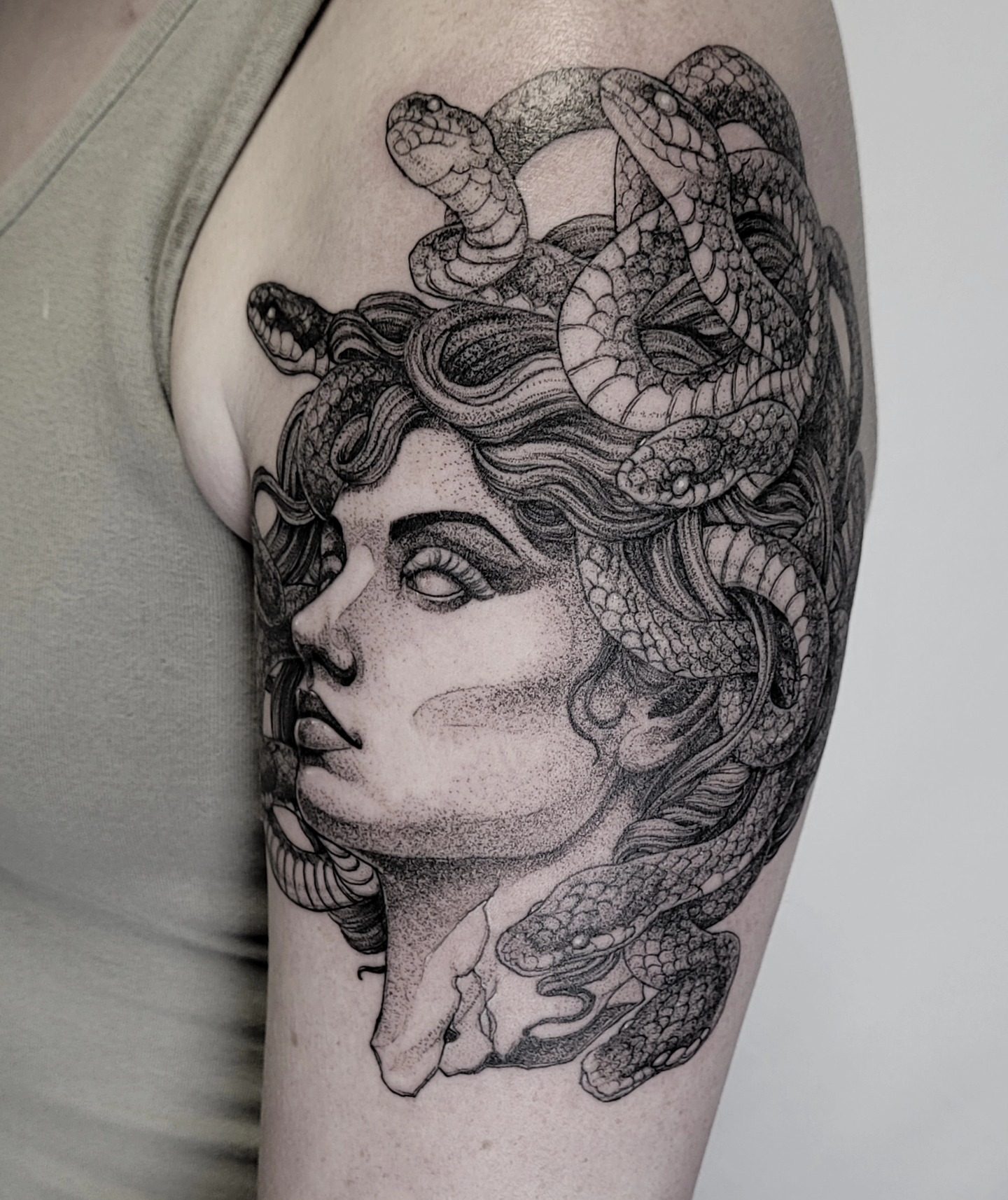 Medusa dotwork tattoo on the thigh by Matthew Barnett