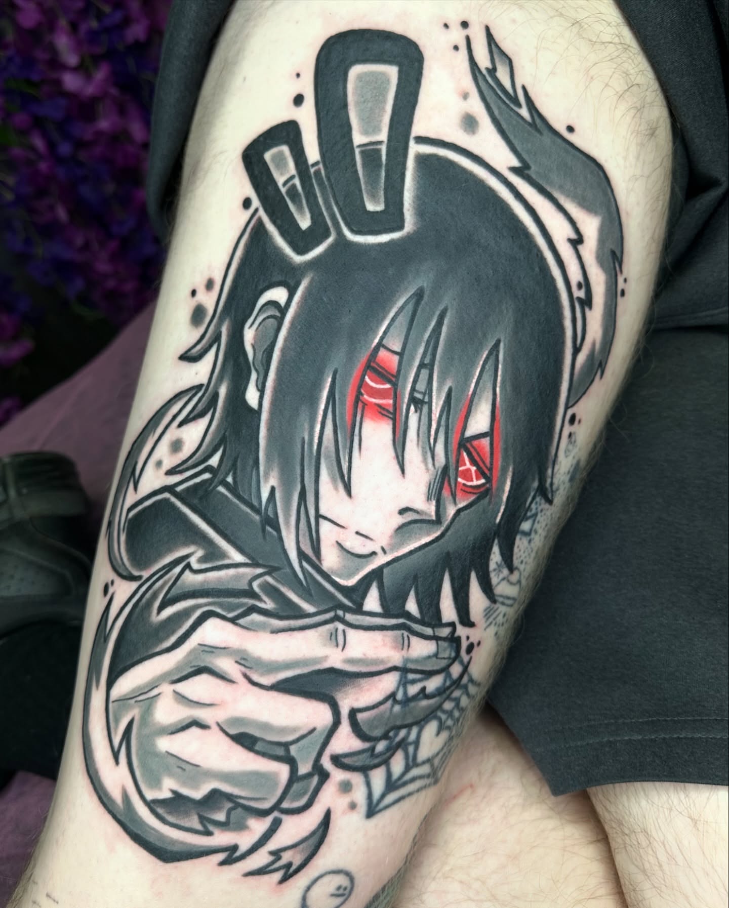 Anime character anime tattoo on the thigh by Jeremy Thomas