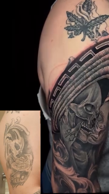 Skull in sombrero dark realism tattoo by Dani B.