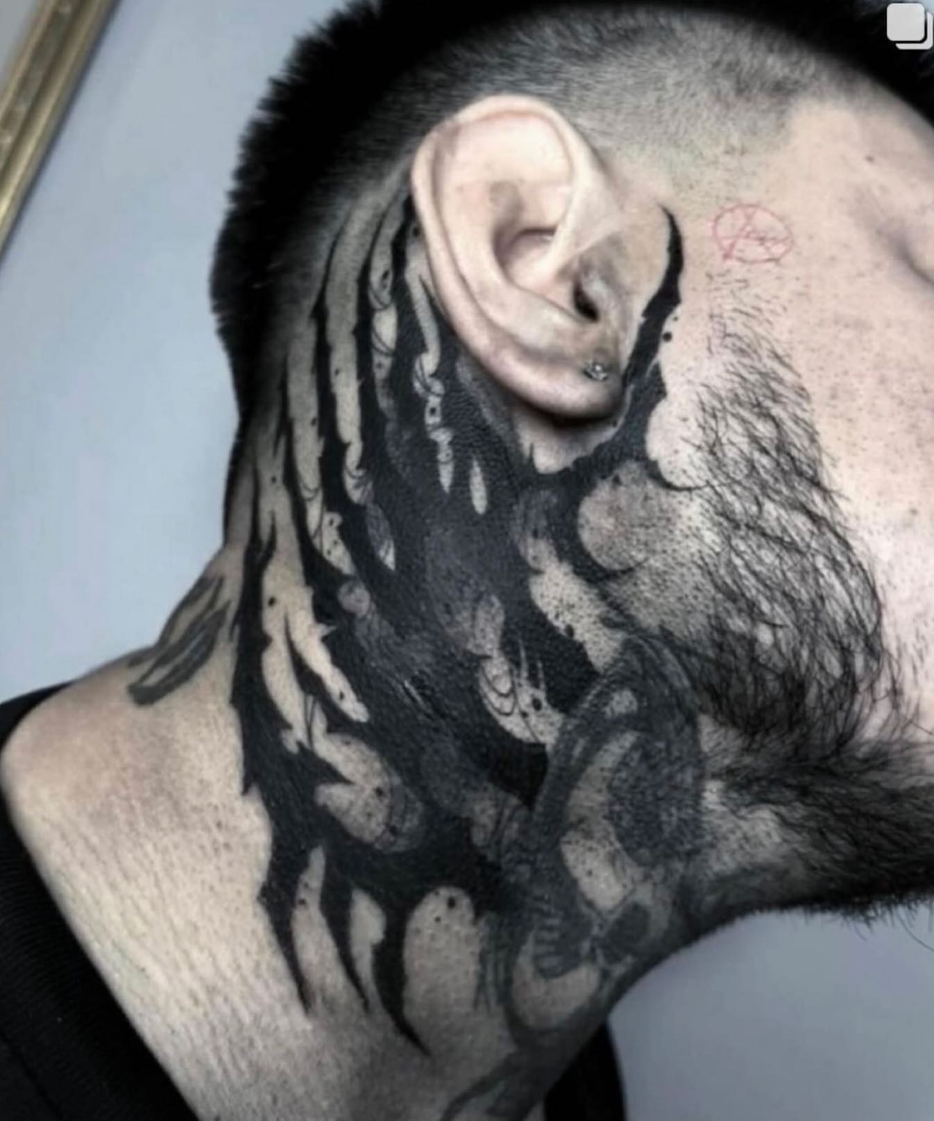Beard black and grey tattoo on the neck by Turk