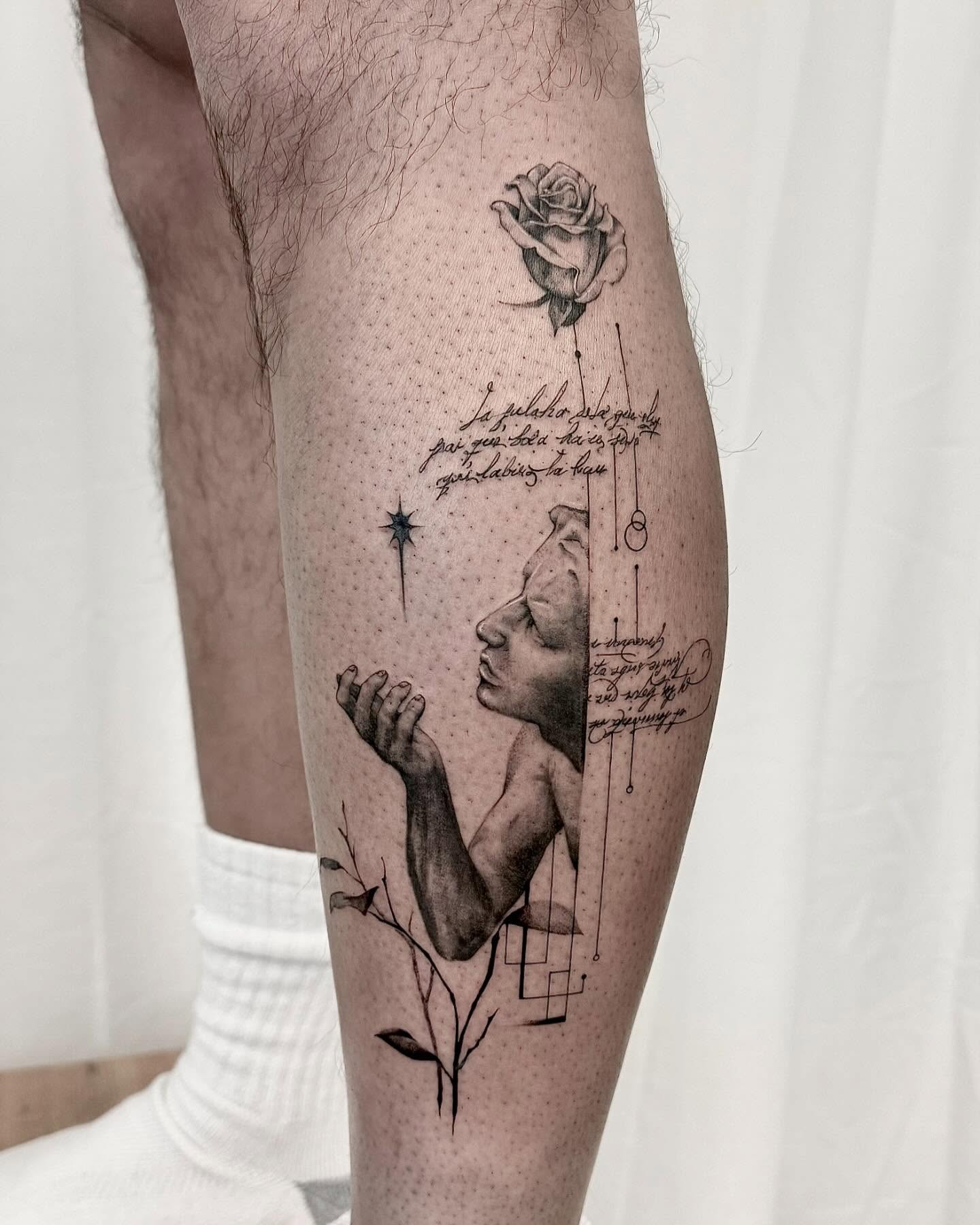 Man's head and rose dotwork tattoo on the calf by Oori