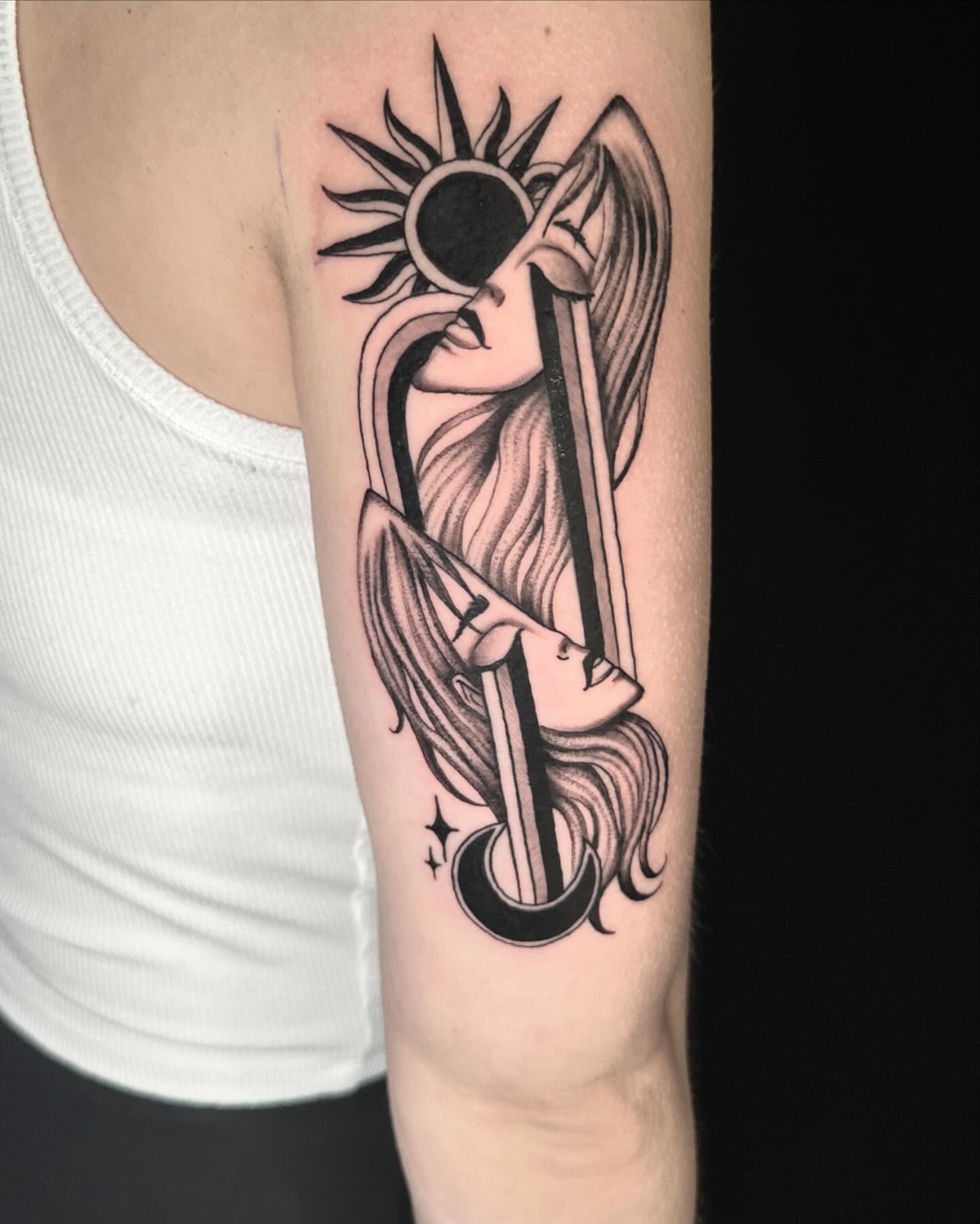 Angelic figure neo-traditional tattoo on the forearm by ⠀Joey Rosado