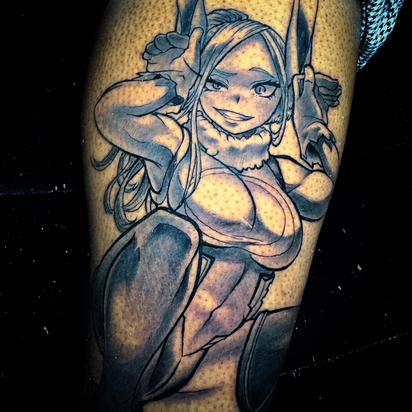 Anime character dotwork tattoo on the forearm by Davone Joyner, Richmond, Virginia