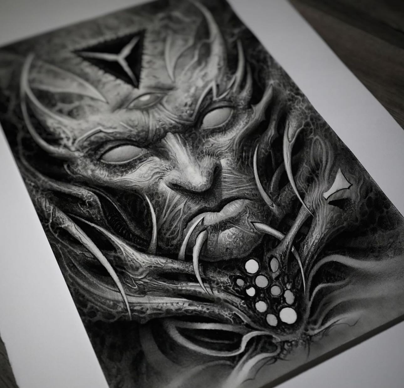 Demon mask dark realism tattoo by Victor Portugal Tattoo