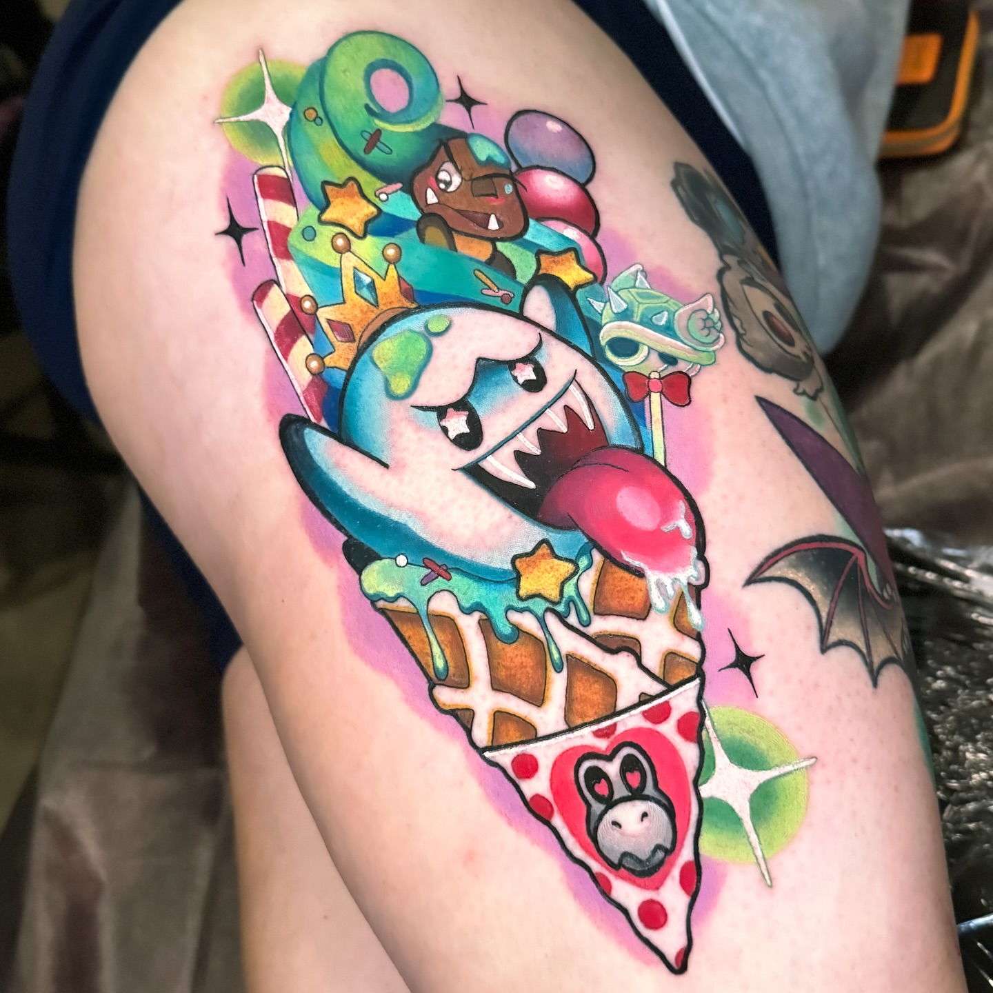 Ice cream cone new school tattoo on the thigh by 𝔐𝔞𝔯𝔰 ✨