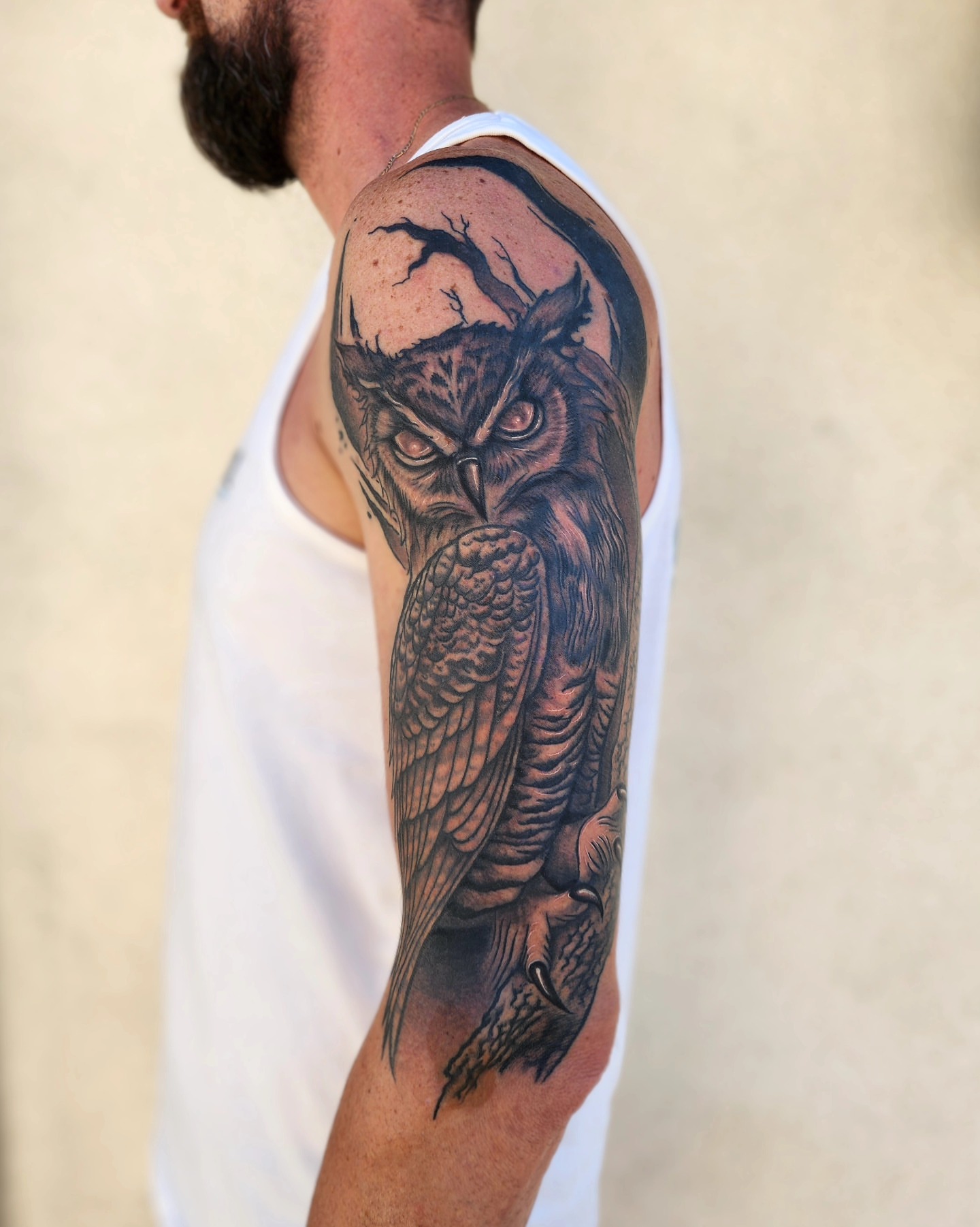 Owl realism tattoo on the forearm by Bry True