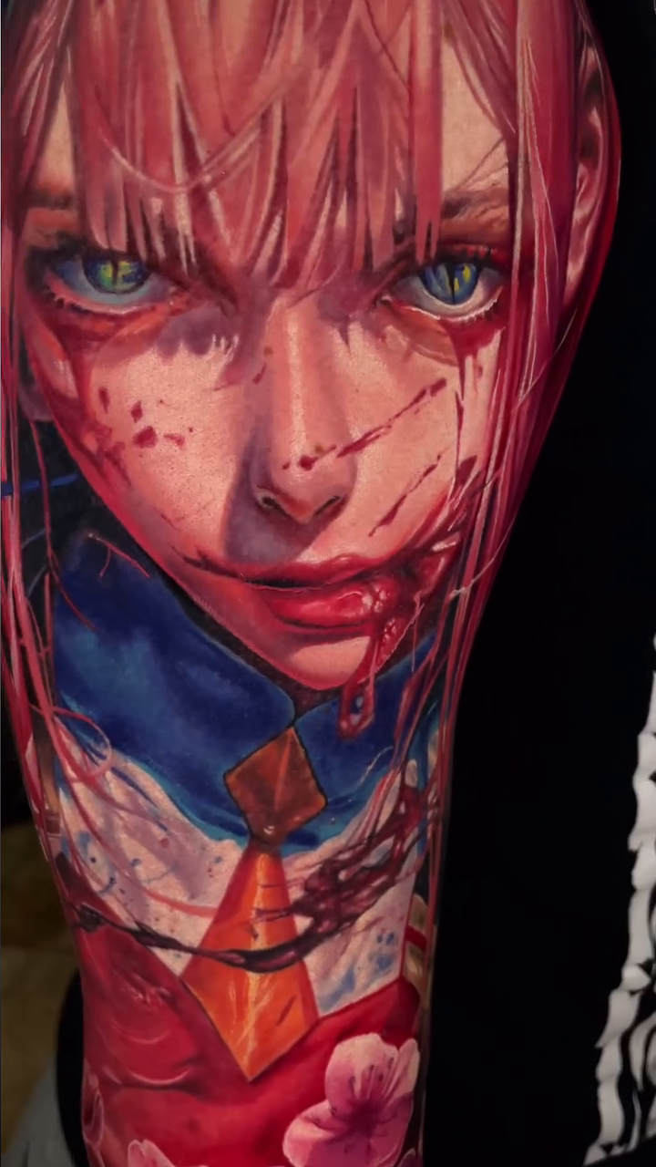 Zero two and cherry blossoms realism tattoo by Dmitriy Paramonov πΊπ¦
