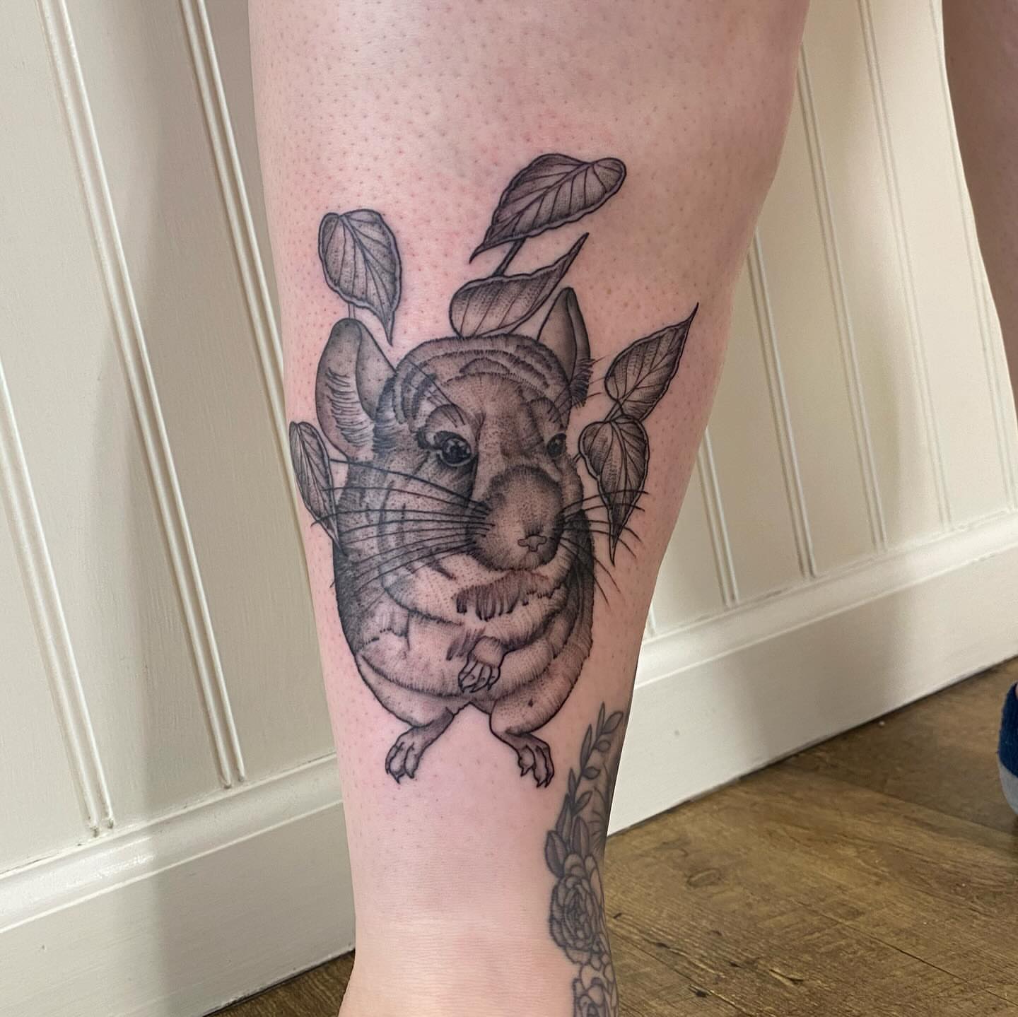 Chinchilla realism tattoo on the thigh by Amber Lea, Kansas City, Kansas