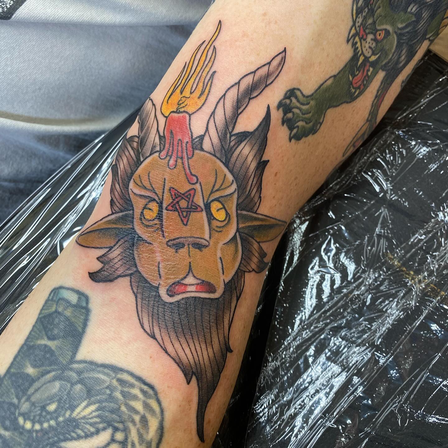 Lion head American traditional tattoo on the forearm by Amber Lea, Kansas City, Kansas